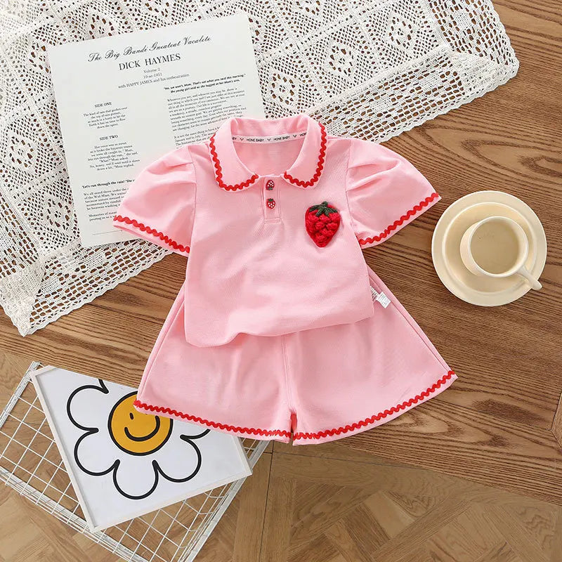 Summer Baby Girl Clothes Set Kid Lapel Tshirts and Shorts 2 Pieces Suit Children Strawberry Top Bottom Outfits Tracksuits