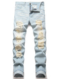 Men's Vintage Light Blue Jeans Straight Loose Fit Distressed Cat Whisker Denim Pants Casual Streetwear High Quality Stretch 28-4