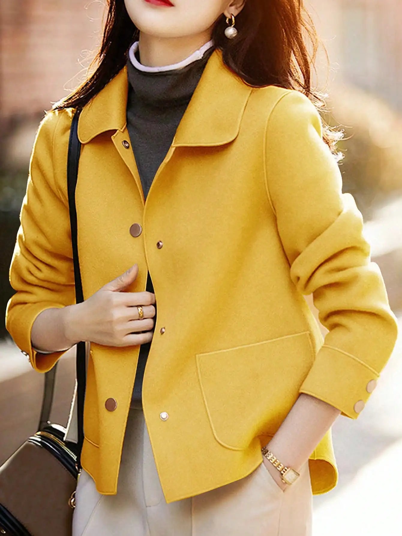 Women's Classic Short Woolen Coat – Button-Up Warm Autumn Winter Outerwear