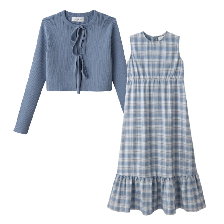 Teen Girls Blue Knit Cardigan & Plaid Maxi Dress Set – Holiday 2-Piece Look