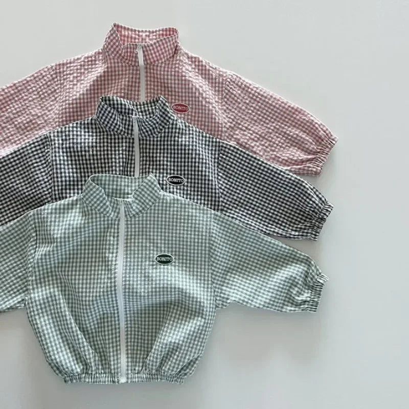 Boys Korean Plaid Sun Coat & Shorts Set – Long Sleeve Zipper 2-Piece Summer Outfit