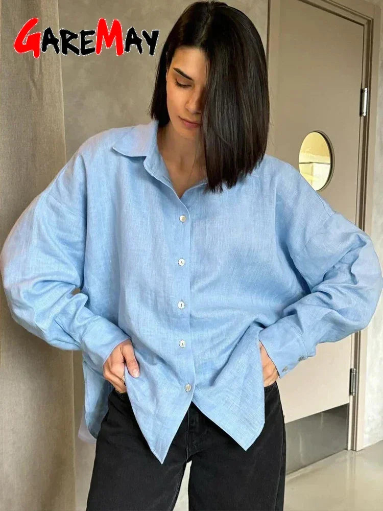 White Women's Linen Shirt Long Sleeve Elegant Pink Oversize Blouse Vintage Spring Basic Top Collar Cotton Linen Shirt for Women