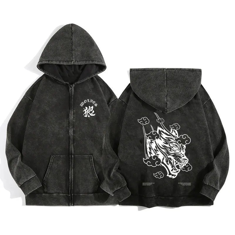 Darc Wolves Gothic Harajuku Zip Hoodie Jacket – Cotton Print Manga Sweatshirt