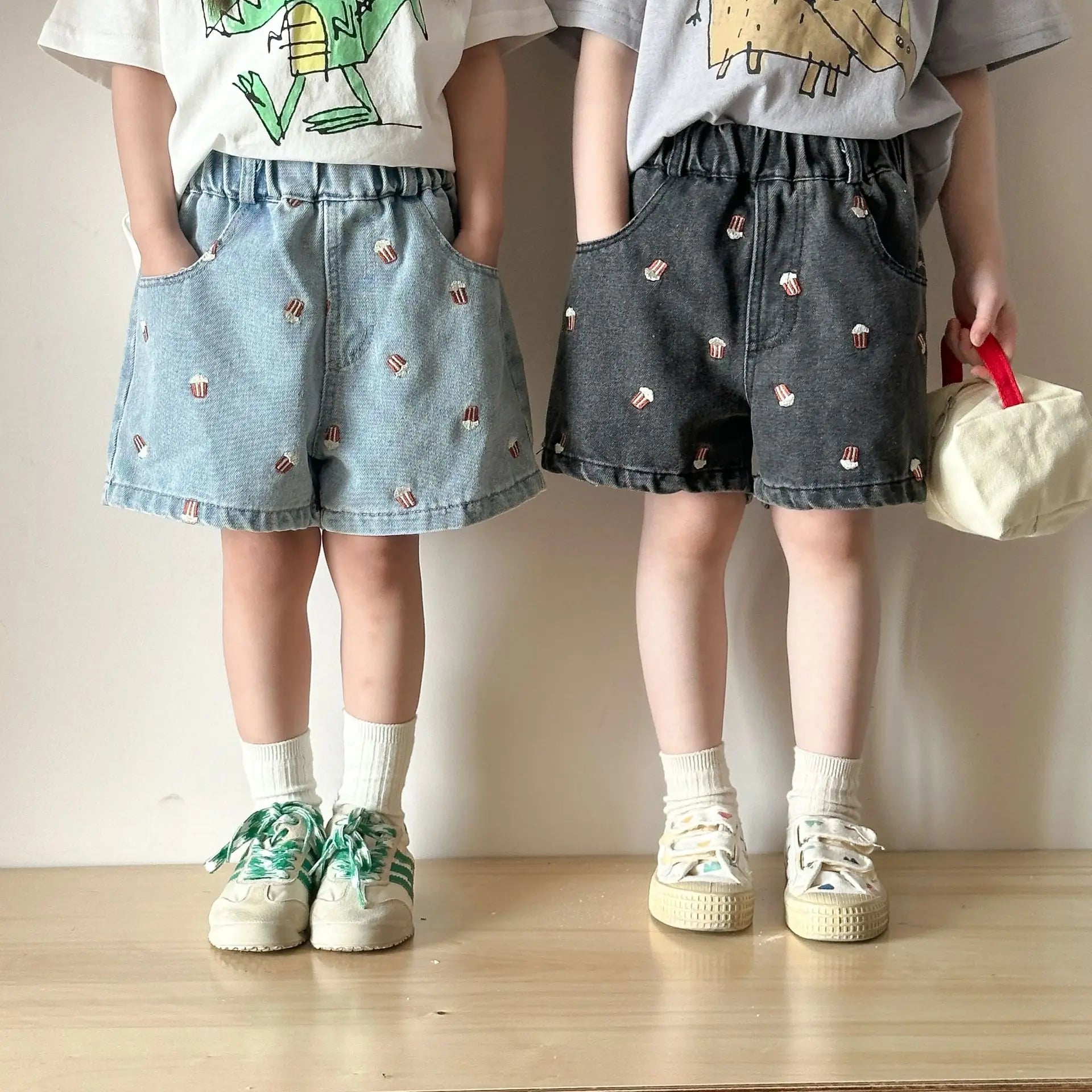 2025 Summer Kids Denim Shorts Children Boys Girls Popcorn Embroidery Short Pants Casual Knee Length Jeans Shorts