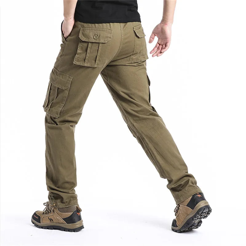 Men's Large Pocket Loose Tactical Jogger Pants – Cotton Elastic Waist Cargo Trousers