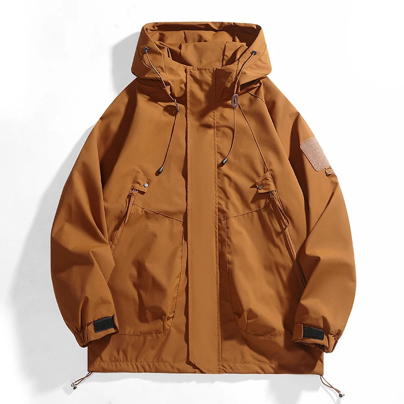 Men's Hooded Cargo Waterproof Bomber Jacket – Black Loose Softshell Hiking Coat