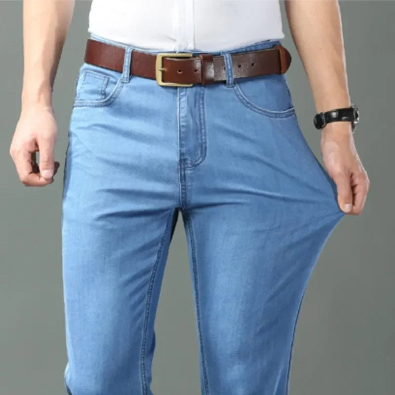 Men's Ice Silk Thin Straight Denim Jeans – Lightweight Business Casual Trousers