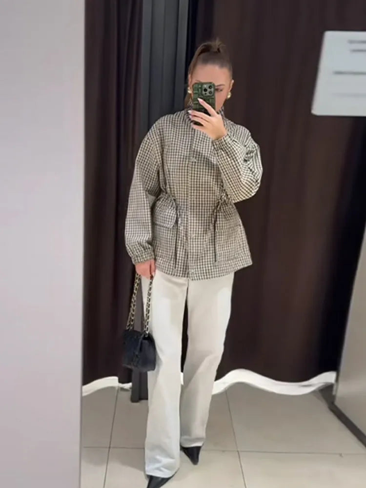 Causal Long Sleeved Grid  Female Jacket Drawstring Tight Loose Women's Trench Collar Fashion Single Breasted Pocket Outerwear
