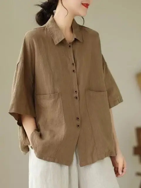 Women's Retro Cotton Linen Short Sleeve Casual Shirt – Loose Korean Fashion Top