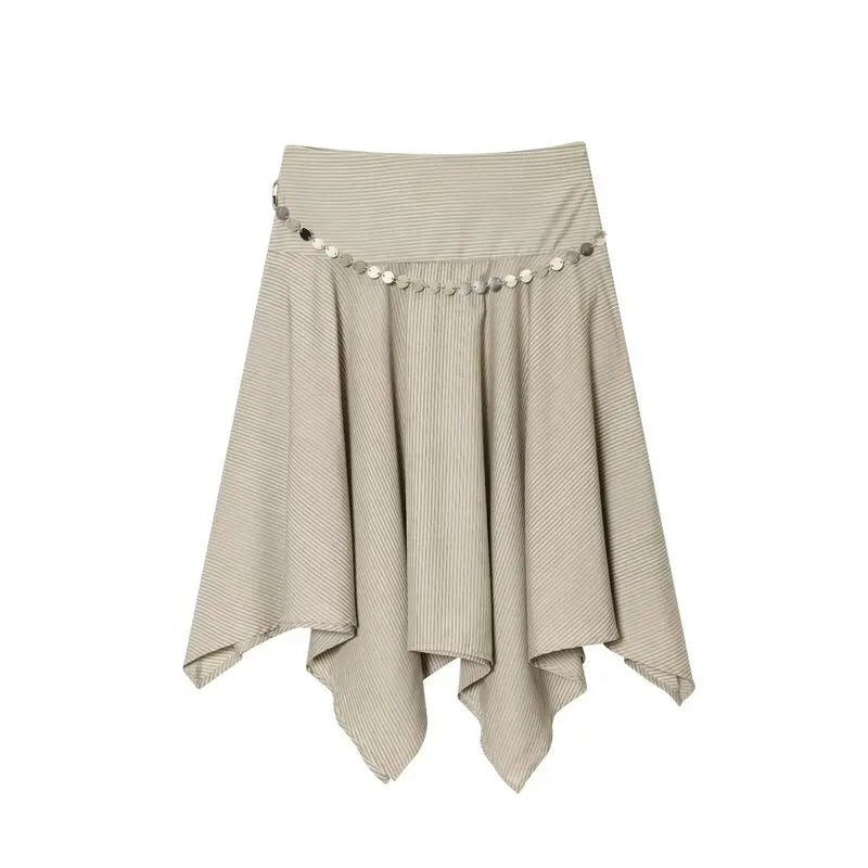Summer 2025 New Asymmetric Midi Skirt Women's Faion Stripe Belt f-length Skirts Casual Sle mid Waist Design Loose Fit