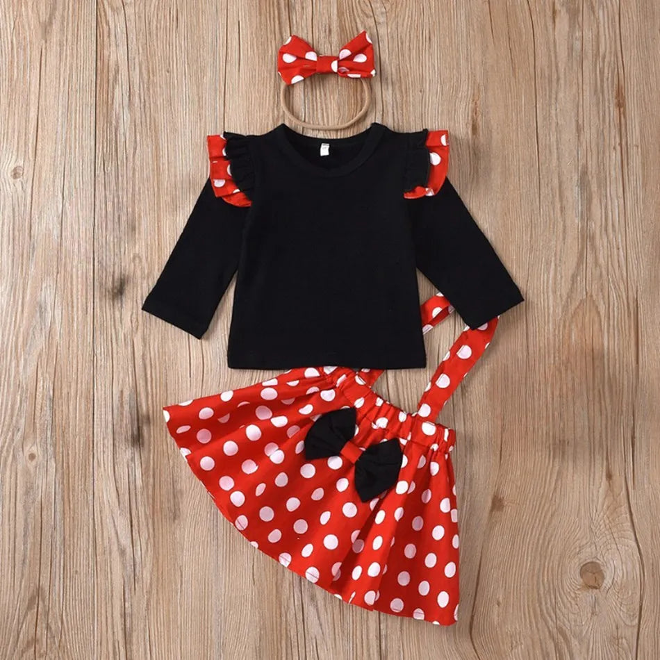 2024 Girl Dress with Headband Baby Clothing Set Kid Dots Cosplay Tops and Skirt Children Black Red Outfit Minnie Bowknot Costume
