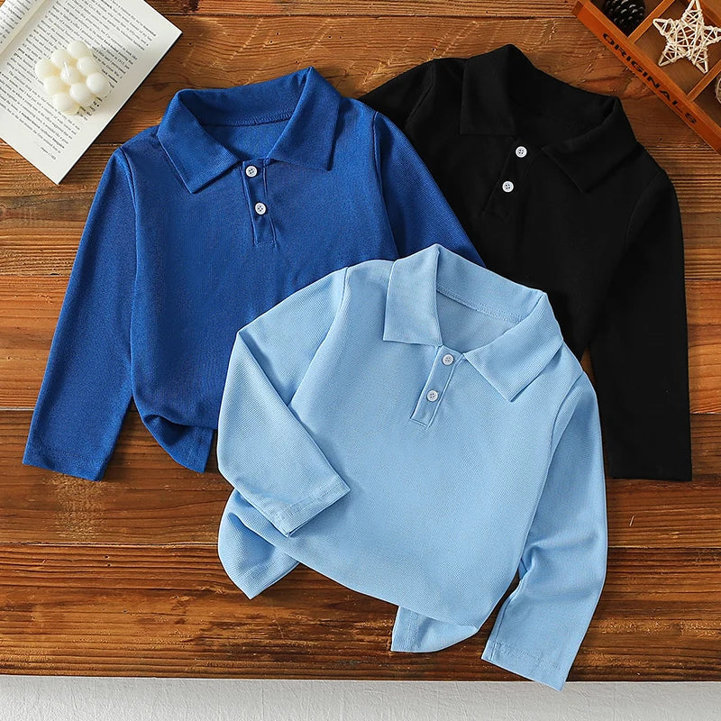 Kids Solid Color Polo Shirt – Long Sleeve Lapel Top for Boys & Girls