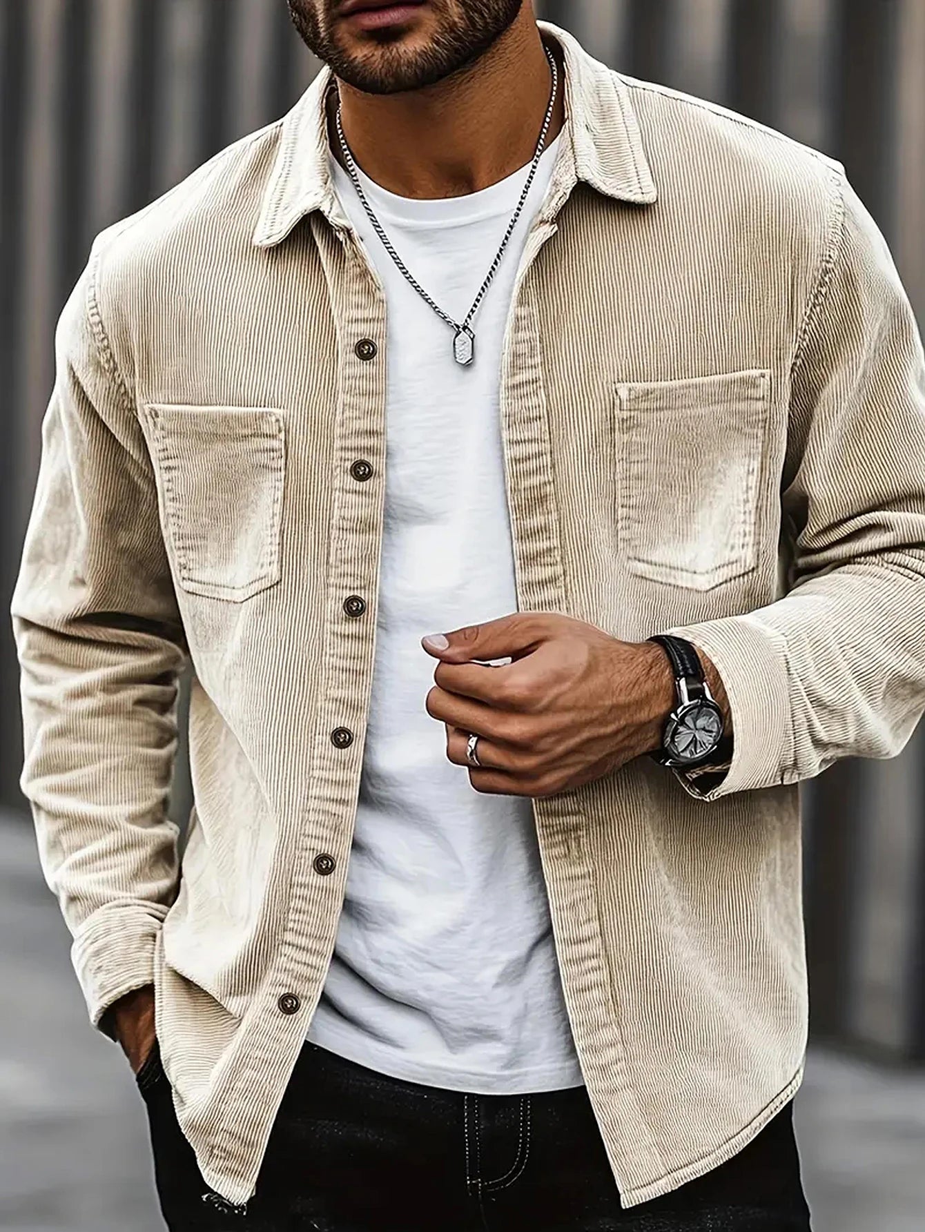 Men's Slim Fit Corduroy Long Sleeve Shirt – Wrinkle-Free Business Casual Office Shirt