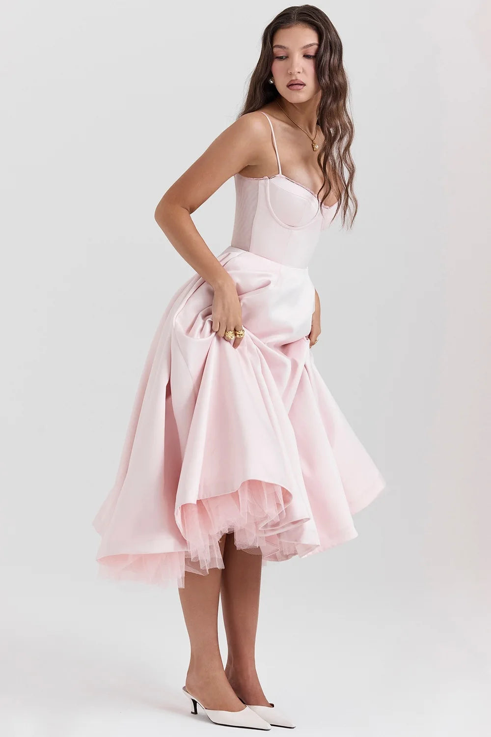 Women's Satin Strapless French Midi Dress – High-End Waist Strap Sexy Elegant Gown
