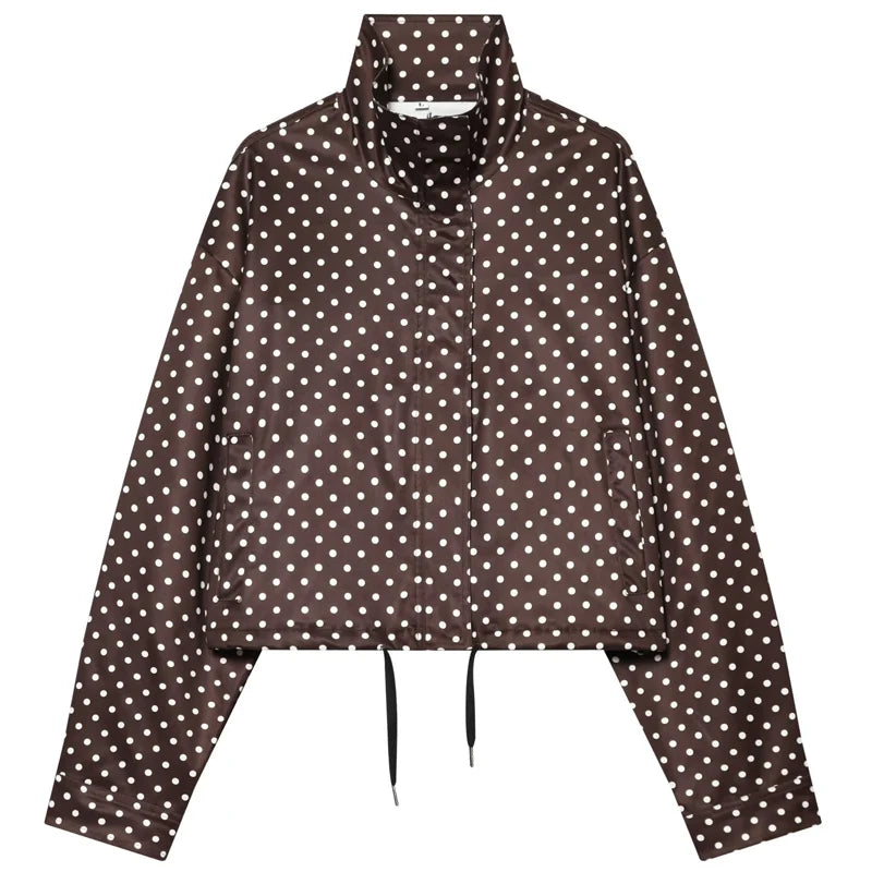 Women's Polka Dot Oversized Bomber Jacket – Long Sleeve Zip-Up Crop Aviator Coat