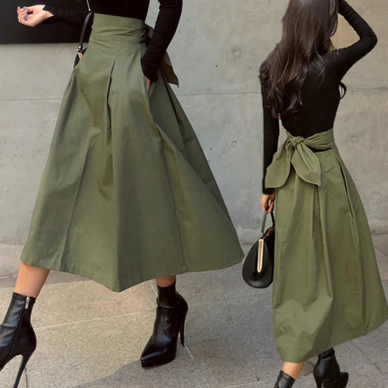 Women's Korean Big Swing Bow High Waist Long Skirt – Solid Color Slim Autumn Skirt