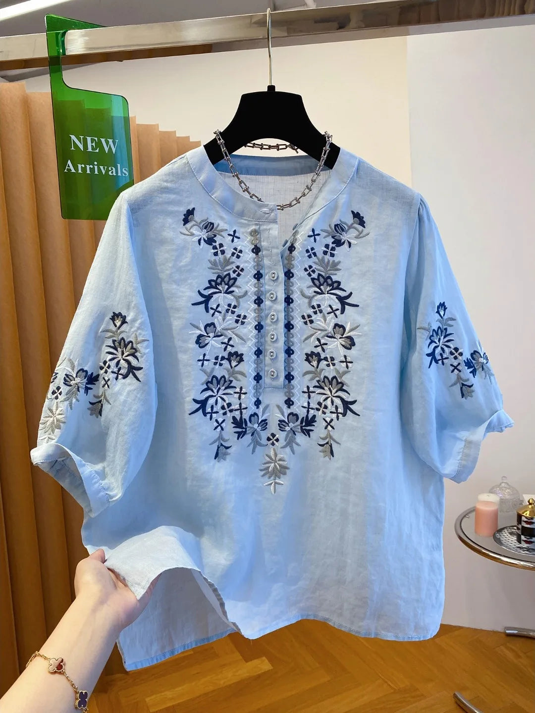 Women's Blue Linen Heavy Embroidery Blouse – Loose Five-Quarter Sleeve Commute Top