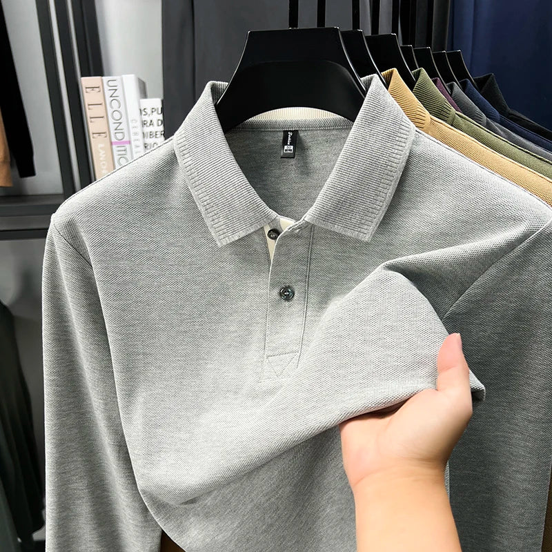 100% cotton luxury polo shirt long sleeve men's classic simple solid color business casual spring autumn comfort premium T-shirt