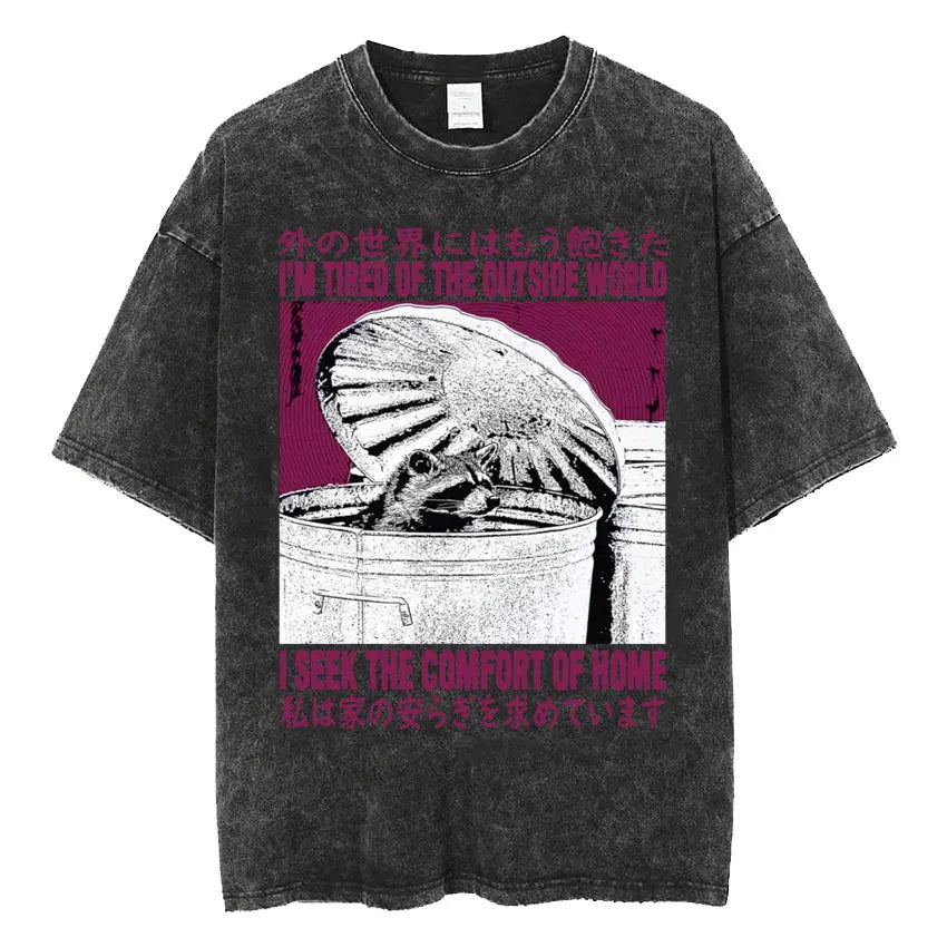 Men's Japanese Frog Retro Washed Oversized T-Shirt – Funny Graphic Streetwear Tee