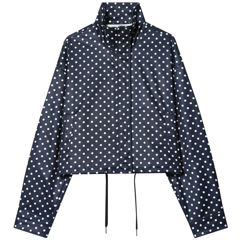 Women's Polka Dot Oversized Bomber Jacket – Long Sleeve Zip-Up Crop Aviator Coat