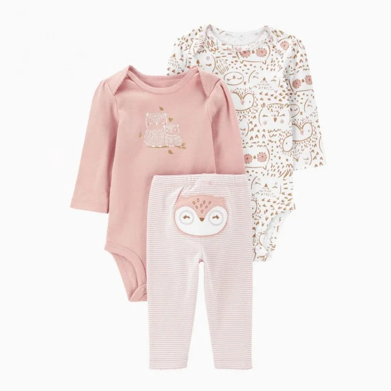 3PCS Baby Clothing Set Autumn Newborn Baby Girl Pure Cotton Clothes Set Soft Cute Animal Kids Bodysuits+Pants+Romper Bebe 6-24M