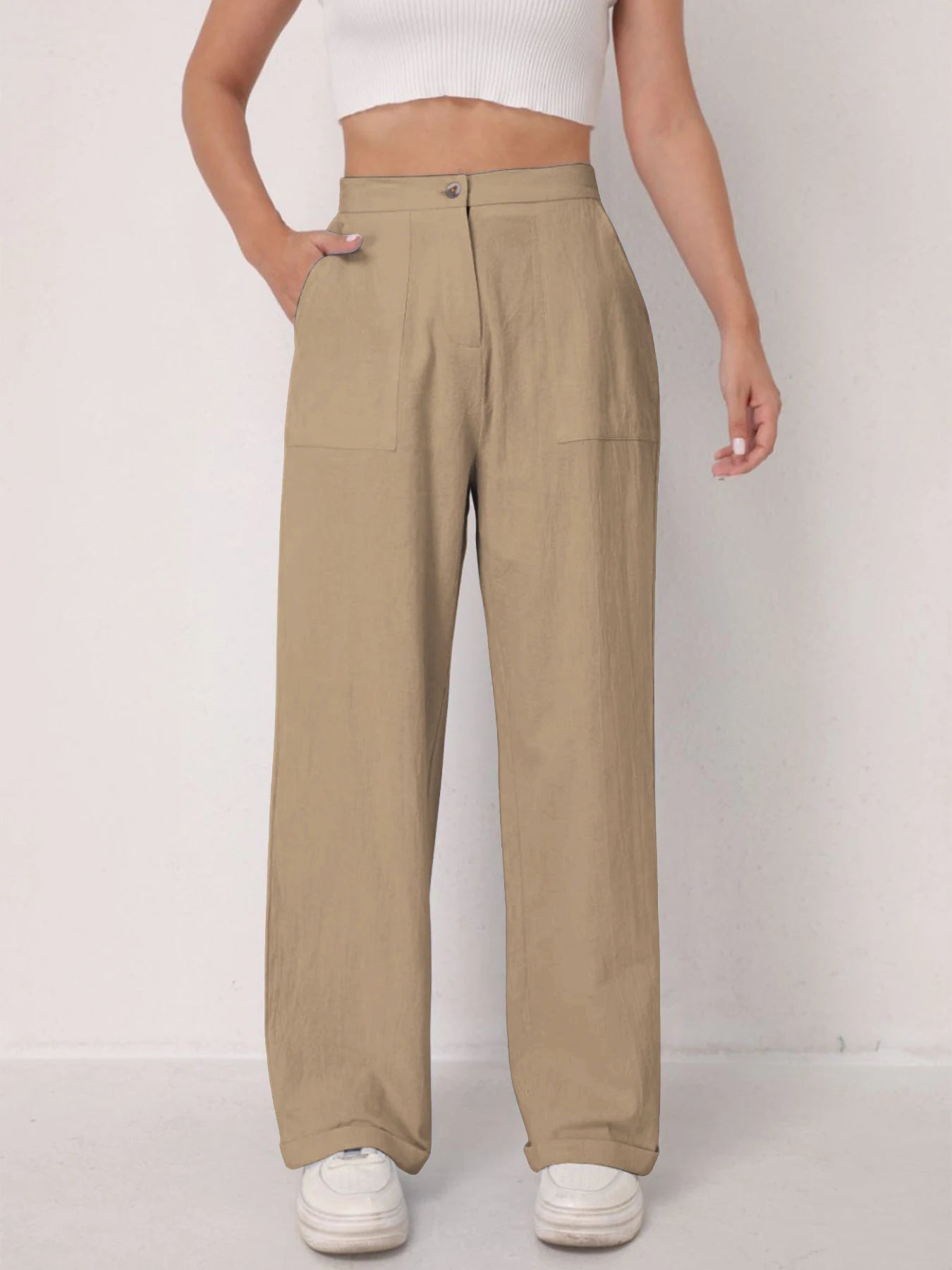 Women's Elegant Linen Wide Leg Slimming Pants – High Waist Drapey Casual Summer Trousers