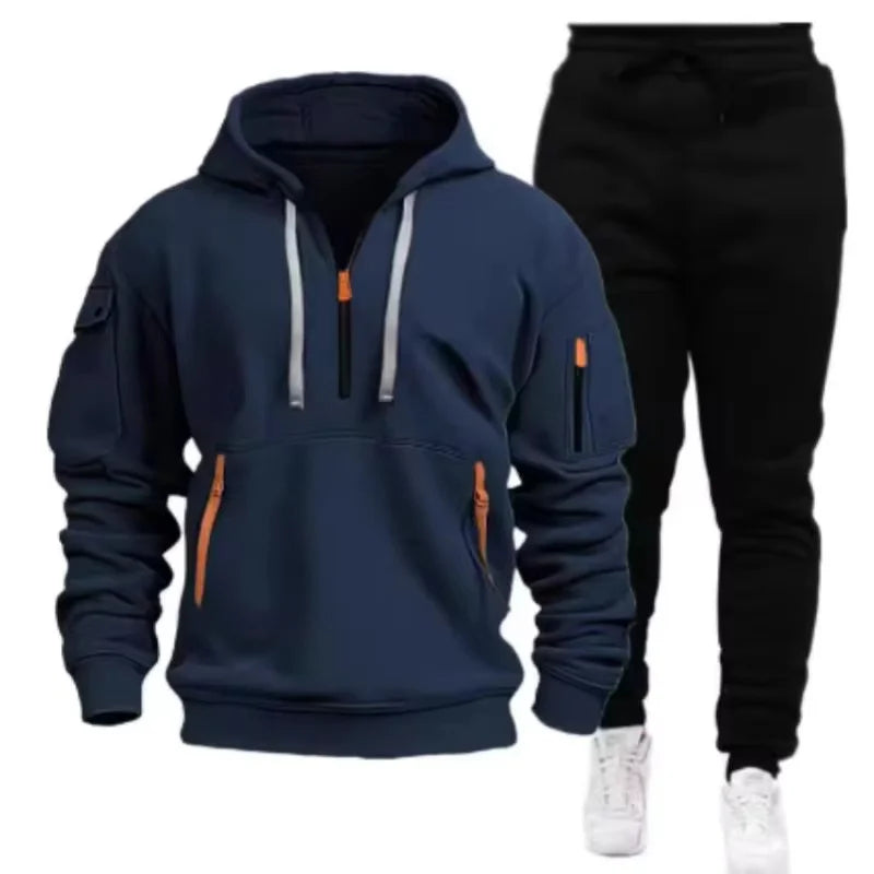 Men's Multi-Pocket Hoodie & Jogger Pants Set – 2-Piece Fitness Tracksuit