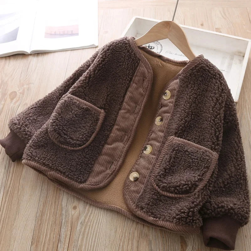 Girls Velvet Loose Lamb Velvet Warm Jacket – Korean Style Winter Coat Ages 0–5