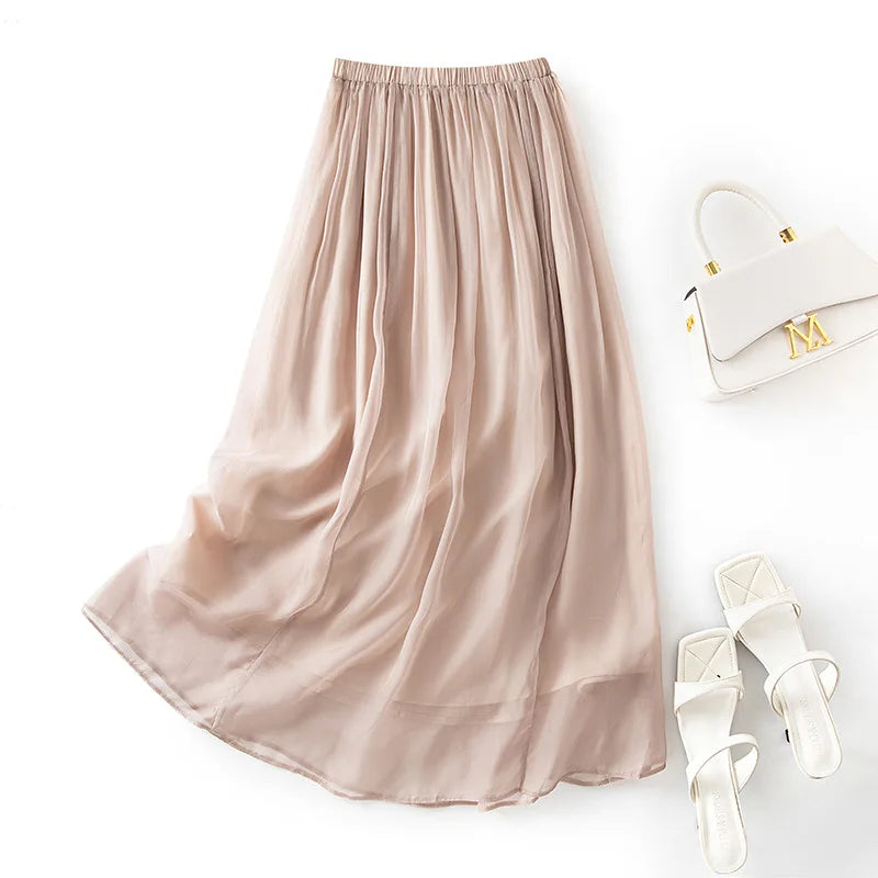 Women's 100% Real Silk Midi Skirt – Elegant French Temperament Fairy Commute Skirt