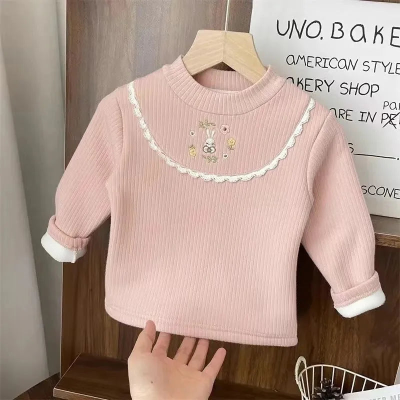 Girls Cartoon Embroidery Velvet Long Sleeve Top – Warm Half-High Collar Base Shirt