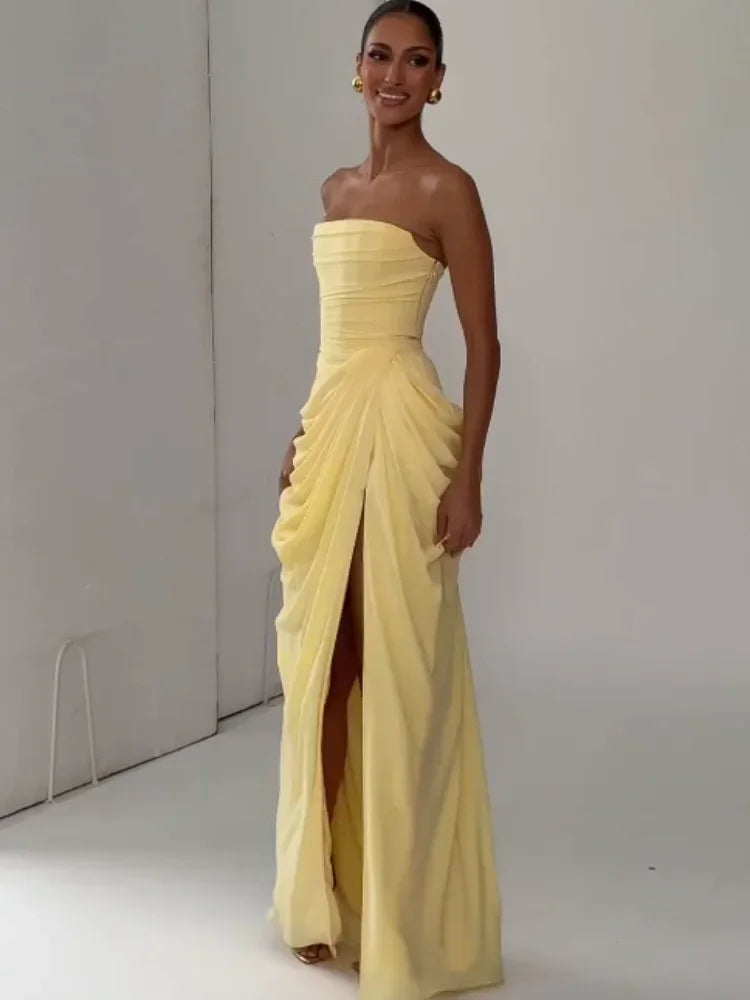 Women's Strapless Pleated Maxi Gown with Split – Elegant Yellow Waist Cinching Evening Dress