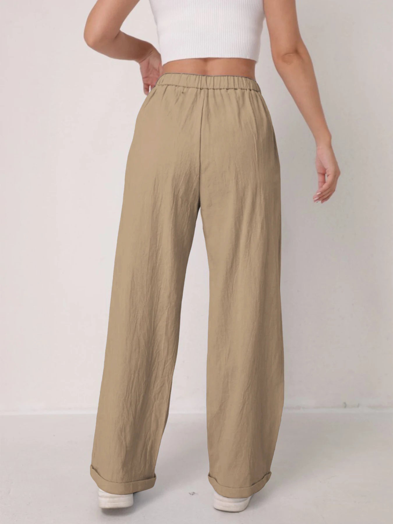 Women's Elegant Linen Wide Leg Slimming Pants – High Waist Drapey Casual Summer Trousers