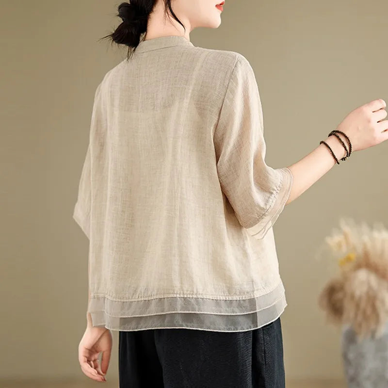 Women's V-Neck Floral Embroidery Half Sleeve Shirt – Vintage Loose Casual Summer Top