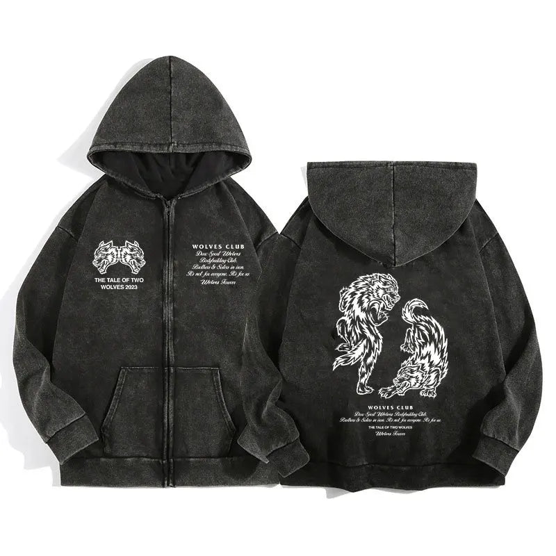 Darc Wolves Gothic Harajuku Zip Hoodie Jacket – Cotton Print Manga Sweatshirt