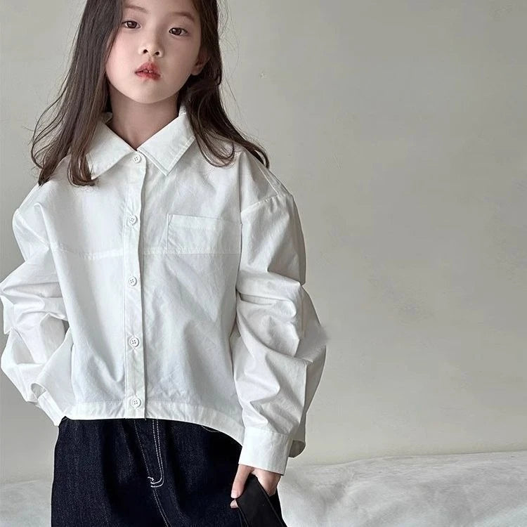 Girls Korean Style Loose White Long Sleeve Shirt – Versatile Casual Blouse