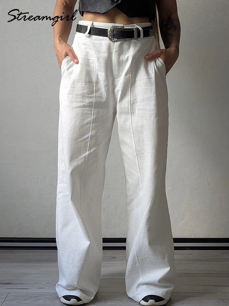 Women's White Cotton High Waist Wide Leg Office Pants – Formal Straight Leg Trousers