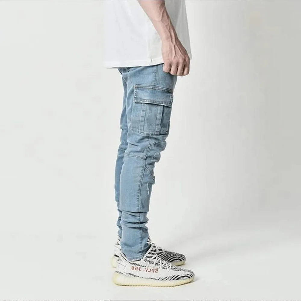 Men's Elastic Denim Cargo Jogger Jeans – Slim Fit Multi-Pocket Street Trousers