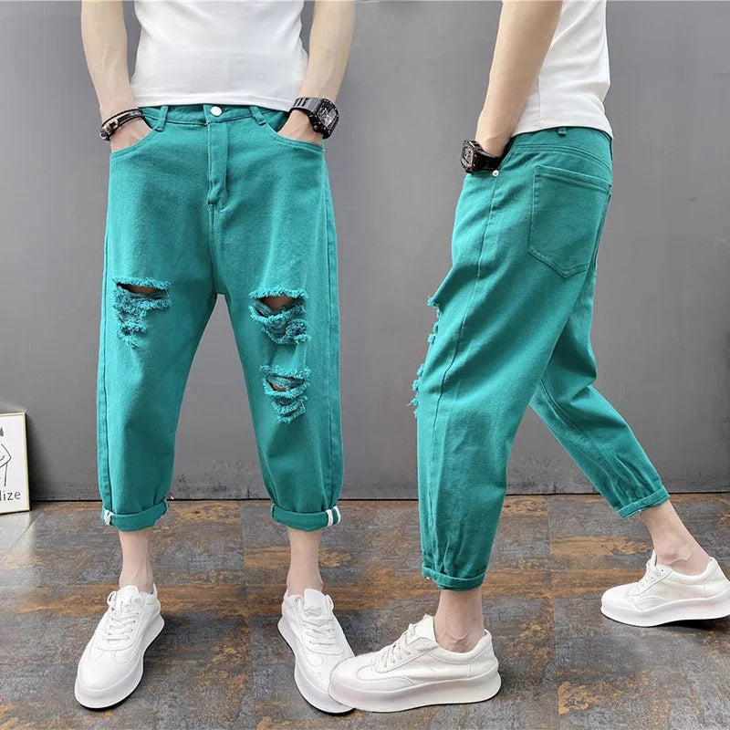 Korean Ankle-Length Distressed Jeans Men White Breathable Slim Fit Ripped Denim Pants Four Season Narrow Leg Harem Male Trousers
