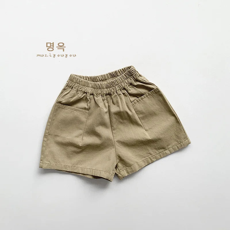 2026 Summer New Children Loose Shorts Solid Vintage Girls Casual Shorts Baby Boys Versatile Pocket Short Pants Kids Clothes