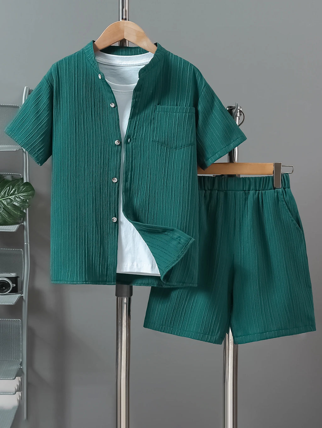 Boys Textured Round Neck Shirt & Shorts Set – Smart Casual Summer Outfit