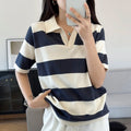 Women's Solid Polo Shirt – Half Sleeve Cotton Striped Casual Knit T-Shirt