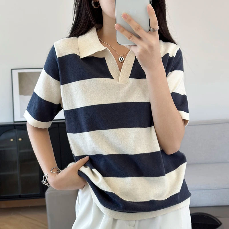 Women's Solid Polo Shirt – Half Sleeve Cotton Striped Casual Knit T-Shirt