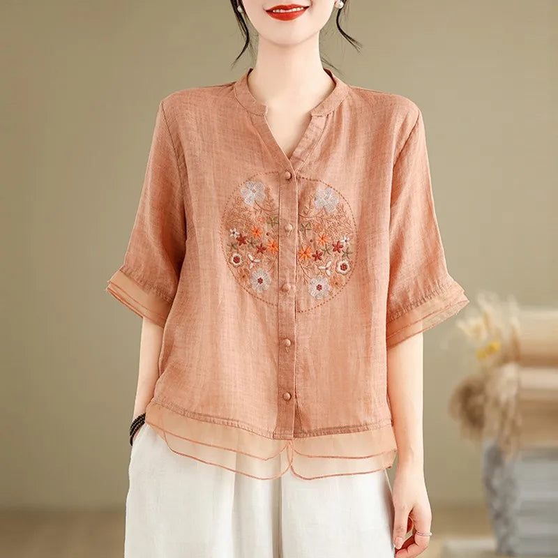 Women's V-Neck Floral Embroidery Half Sleeve Shirt – Vintage Loose Casual Summer Top
