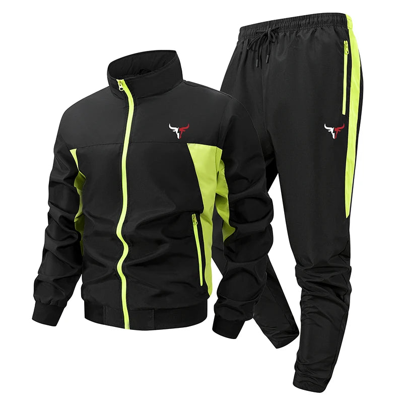 Bull Print Colorblock Sports Set for Men Outdoor Stand Collar Zip Up Jacket Coat Outwear Tops Pants Trousers with Zipper Pockets