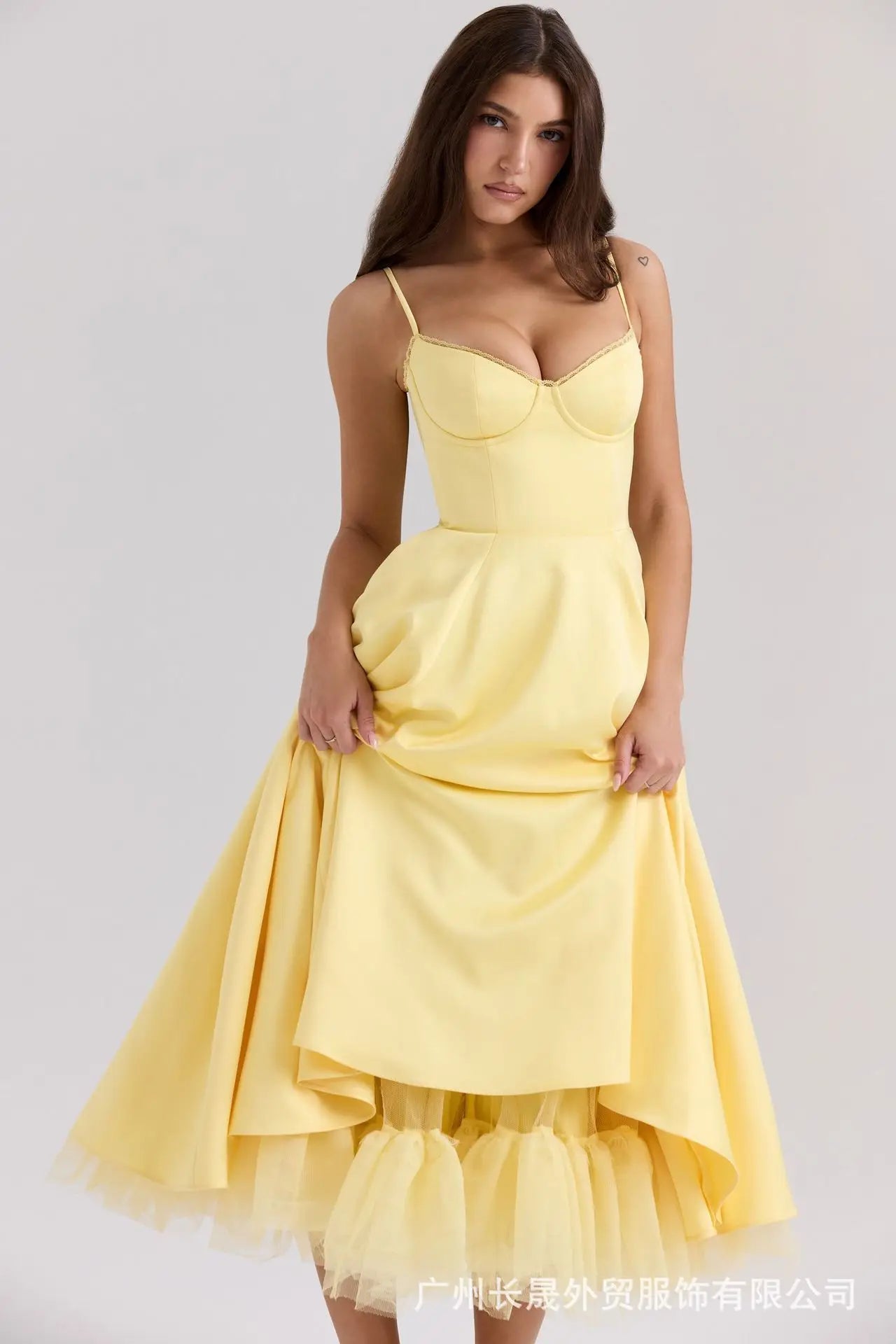 Women's Satin Strapless French Midi Dress – High-End Waist Strap Sexy Elegant Gown