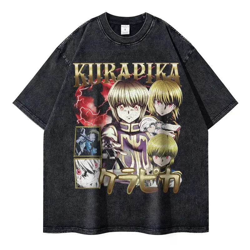 Kurapika T-shirts Vintage Washed Anime Hunter T Shirt Oversize Manga Killua Zoldyck Gon Hisoka Chrollo Tops Tees Men 100% Cotton