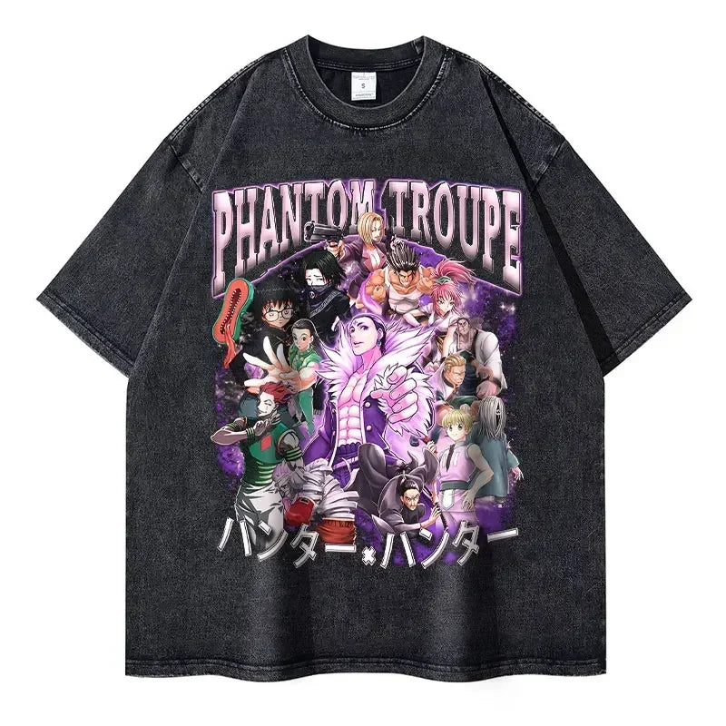 Kurapika T-shirts Vintage Washed Anime Hunter T Shirt Oversize Manga Killua Zoldyck Gon Hisoka Chrollo Tops Tees Men 100% Cotton