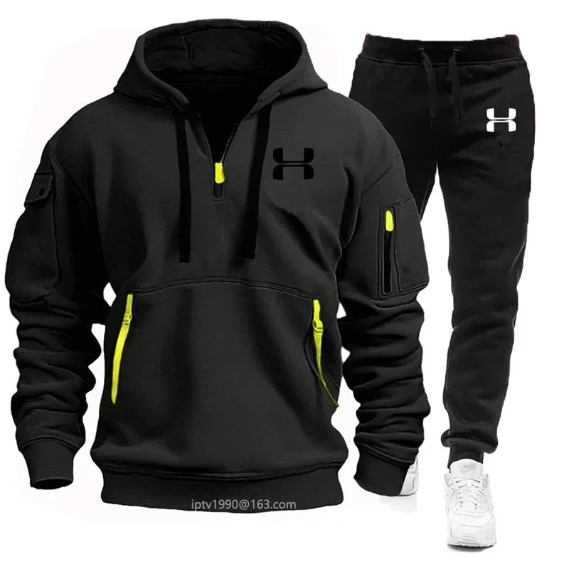 Men's Multi-Pocket Hoodie & Jogger Pants Set – 2-Piece Fitness Tracksuit