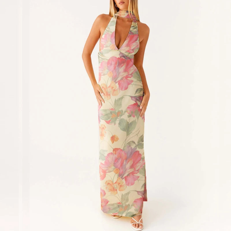Maemukilabe Sexy Sleeveless Low Cut Print Maxi Dress Boho Halter Neck Slim Fit Flowy Long Dress Backless Floral Summer Beachwear