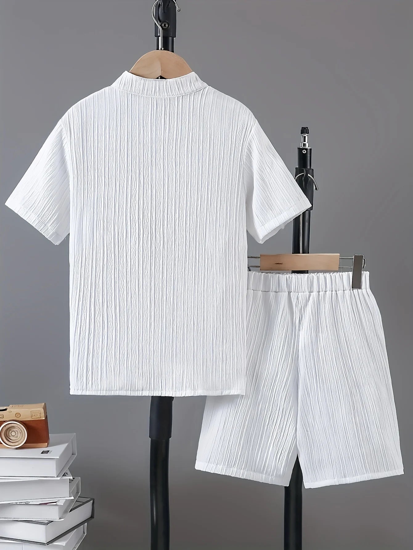 Boys Textured Round Neck Shirt & Shorts Set – Smart Casual Summer Outfit